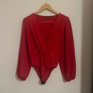 Boohoo Red Pleated Sleeve Bodysuit